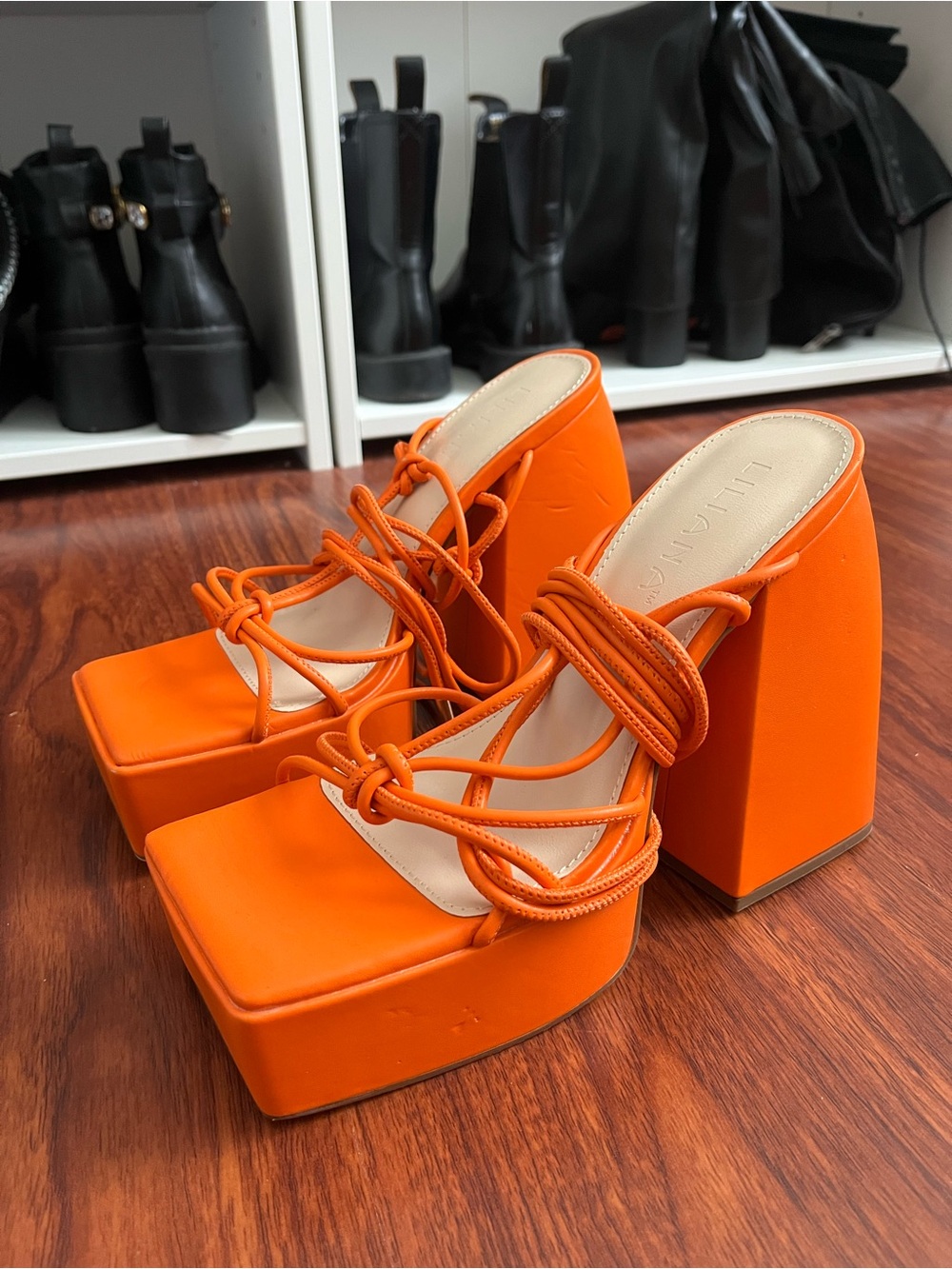 Orange Platform Block Heel Sandals - Womens